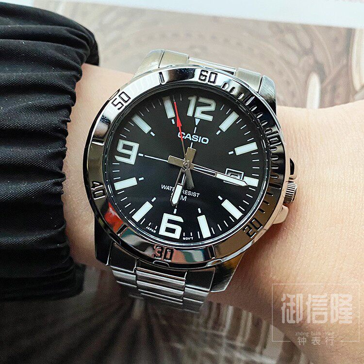 卡西欧剑鱼海洋之心商务钢带防水日历指针腕表黑表盘mtp-vd01d-1b