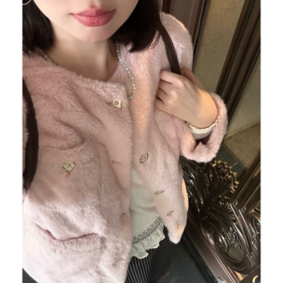 韩系甜美貂毛蜜桃粉外套小香名媛