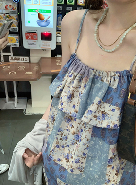 一只豌豆 棉麻紫色系双层te别的碎花吊带宽松娃娃衫背心 绝美花色