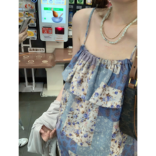 一只豌豆 棉麻紫色系双层te别的碎花吊带宽松娃娃衫背心 绝美花色