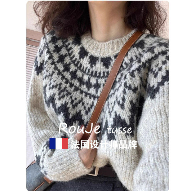 法国Rouje tusse圆领套头羊绒毛衣女宽松慵懒风秋冬款羊毛针织衫