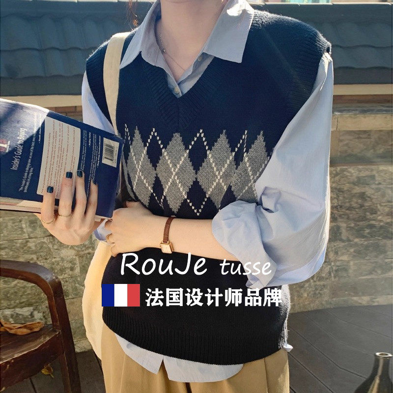 Rouje tusse藏蓝色羊绒毛衣女春秋冬菱格无袖背心马甲羊毛针织衫