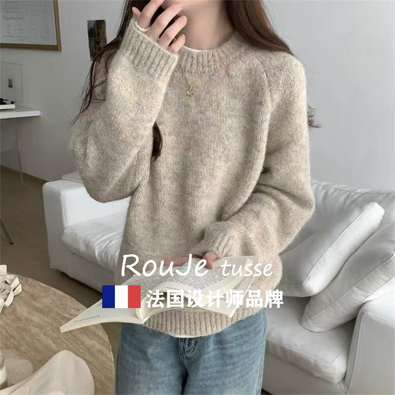 Rouje tusse羊绒圆领针织衫女秋冬内搭打底衫加厚羊毛毛衣宽松潮