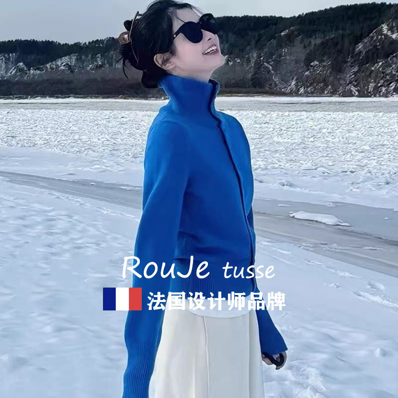 Rouje tusse克莱因蓝羊绒毛衣针织外套女韩版宽松半高领羊毛开衫