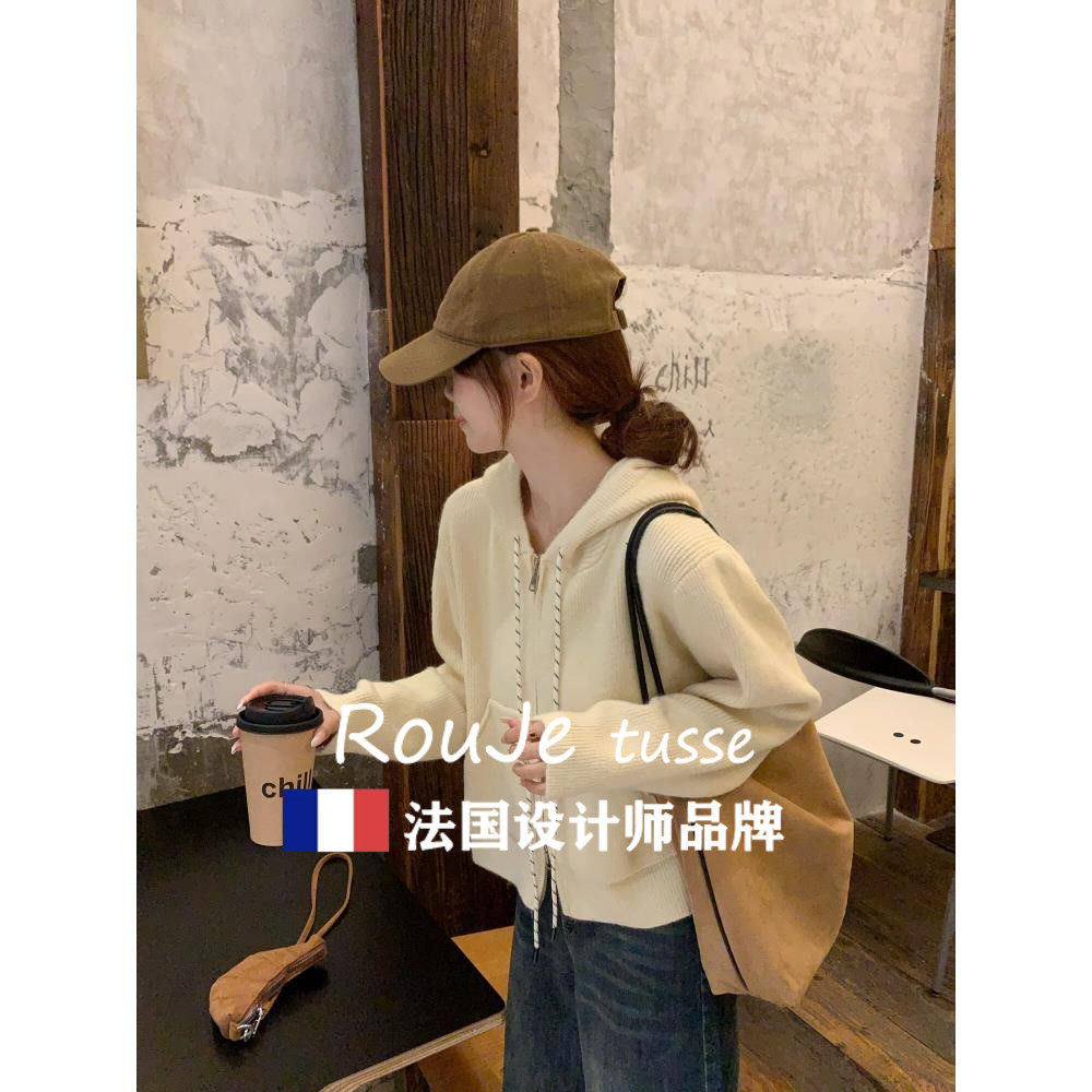 Rouje tusse拉链连帽长袖羊毛针织开衫女羊绒毛衣设计感短款上衣