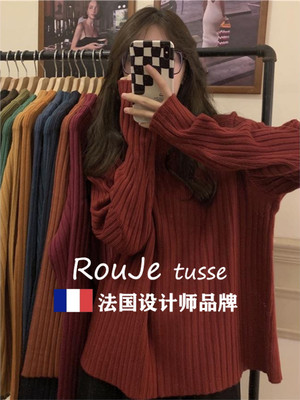 Rouje tusse半高领酒红色针织厚羊绒毛衣秋冬宽松遮肉羊毛打底衫