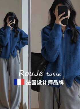 Rouje tusse克莱因蓝羊毛打底衫女秋冬翻领针织上衣修身羊绒毛衣