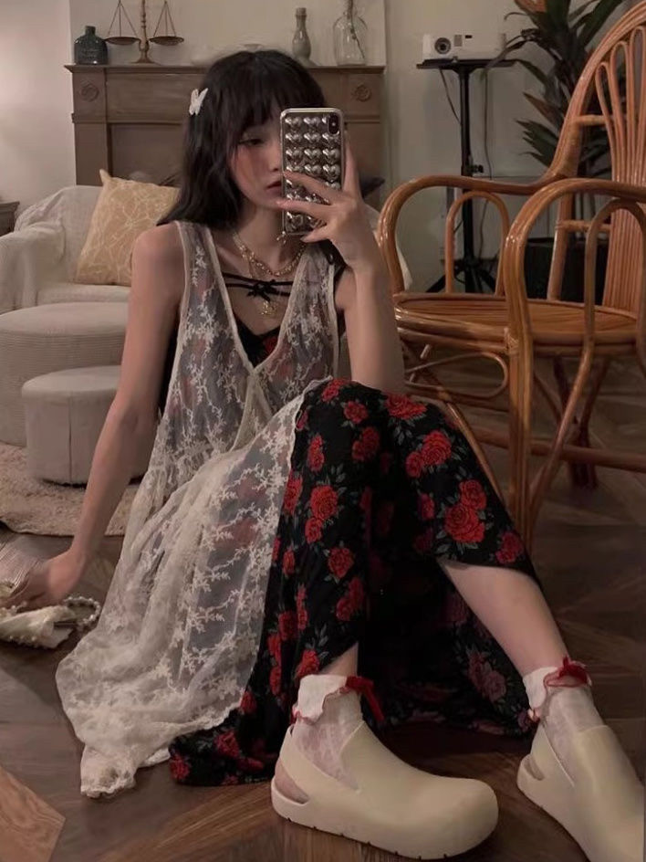 法式复古玫瑰碎花吊带连衣裙夏季2024新款叠穿蕾丝罩衫两件套装女
