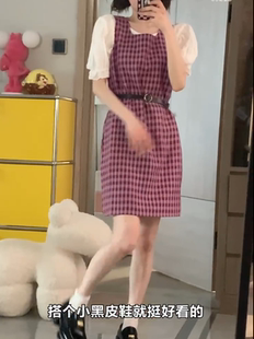 小野智恩树莓粉的春天 好美2023新款棉质收腰修身气质格子连衣裙