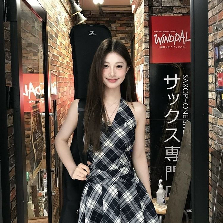 NIMOWANG【昭和少女】黑白格子连衣裙女夏涩谷短裙v领吊带背心裙