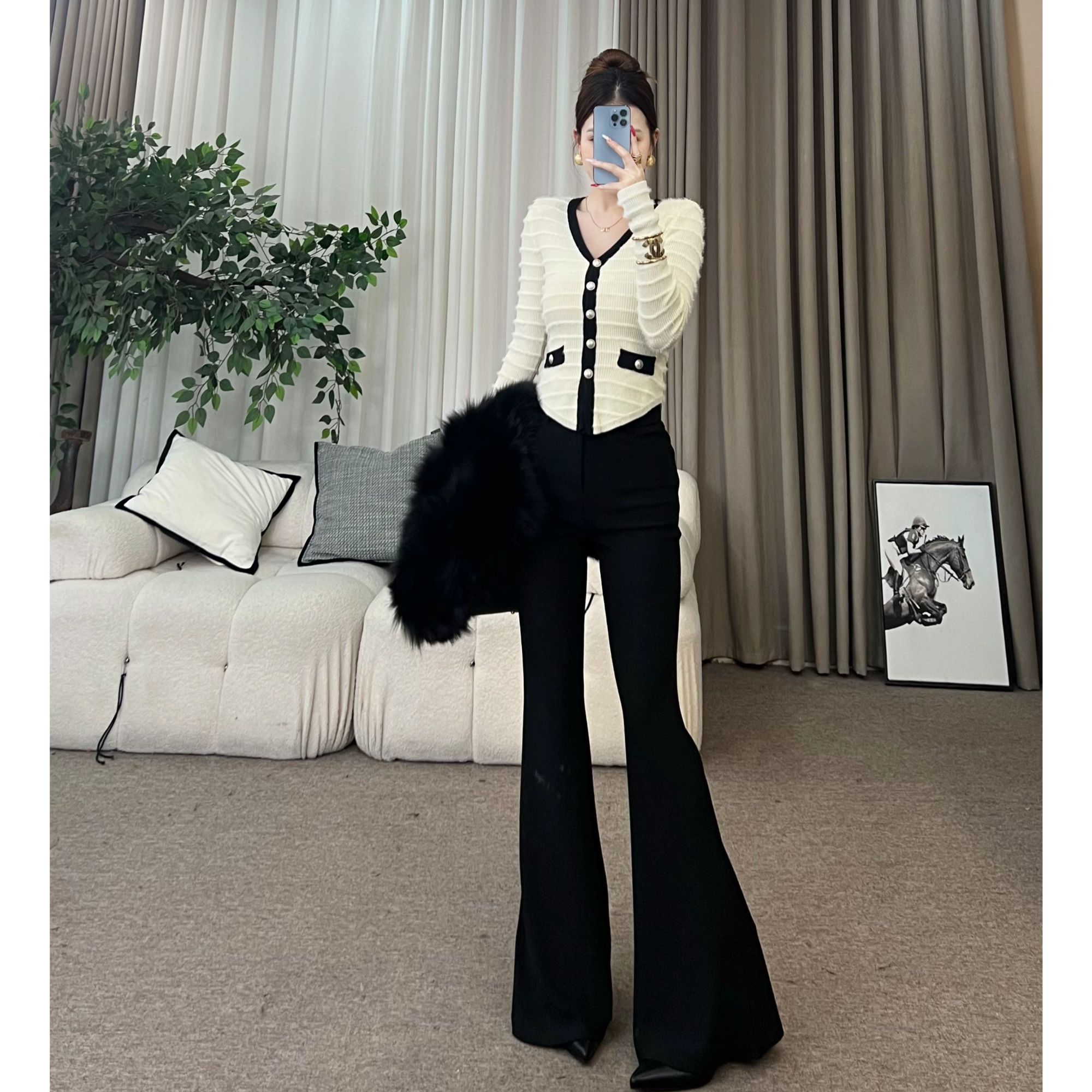 王嘻嘻【绒雪松语】秋冬V领小香针织富家千金小香套装T523T111