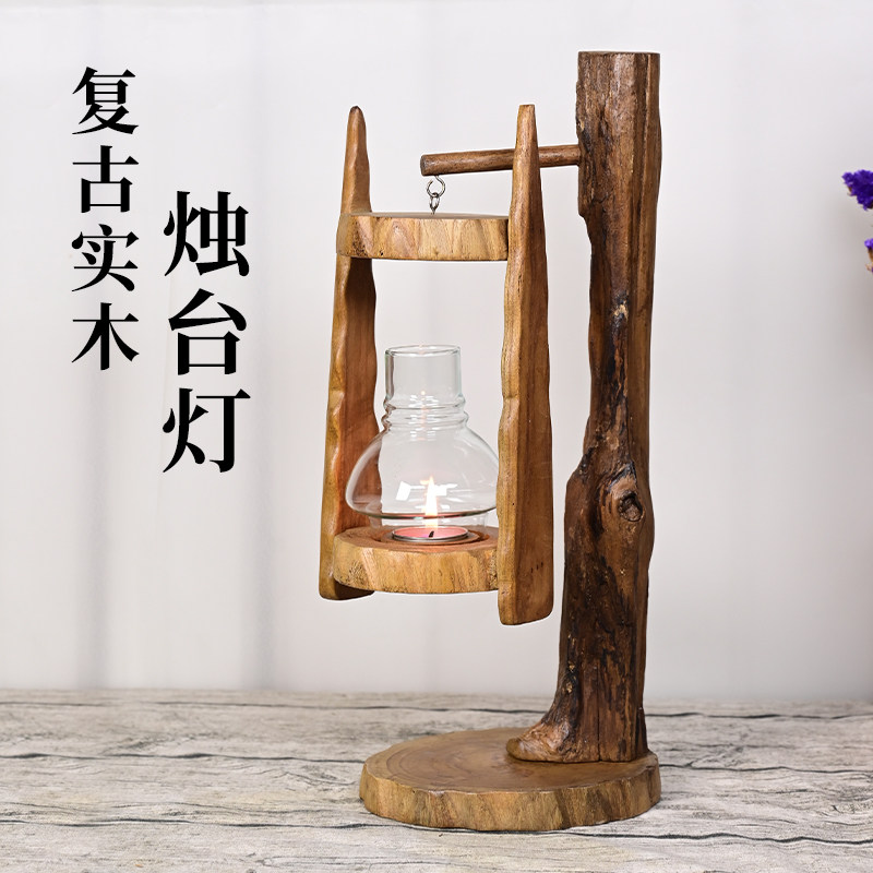 泰国原木制作防风台灯复古怀旧东南亚马灯装饰摆件蜡烛台带灯罩