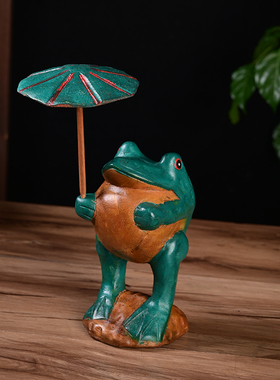 泰国进口东南亚纯手工实木雕刻动物摆件木雕青蛙打伞装饰礼品摆件