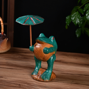 泰国进口东南亚纯手工实木雕刻动物摆件木雕青蛙打伞装饰礼品摆件
