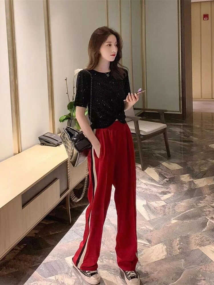 速干时尚套装女夏季短款显瘦亮片小性感短袖T恤+高腰阔腿裤两件套