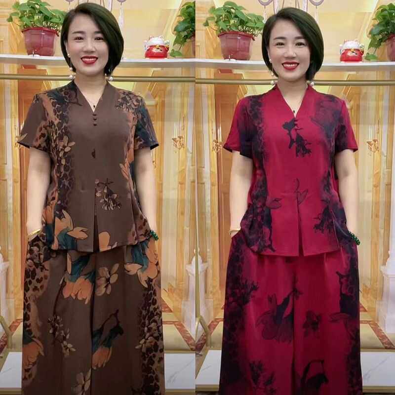 时尚洋气中年妈妈装夏季大码宽松遮肚显瘦减龄短袖阔腿裤两件套装