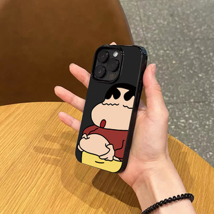 ins趣味卡通捏肚肚小新适用苹果17promax不会撞壳手机壳新款iPhone15pro亮黑色14磨砂13小众12男女16全包软壳