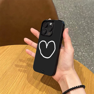 原创韩国博主ins设计手绘爱心手机壳适用苹果17promax新款 iPhone16pro亮黑色15硅胶14情侣13全包12小众11软壳