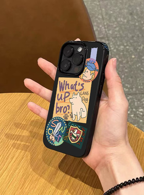 ins小众潮酷标签小狗手机壳适用苹果17promax新款iPhone16pro亮黑色14磨砂超薄13硅胶12男女11防摔15全包软壳