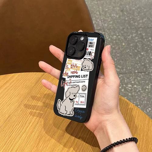 ins个性创意小狗报纸标签手机壳适用苹果17promax新款iPhone15亮黑色14硅胶13磨砂超薄16男女11全包防摔软壳