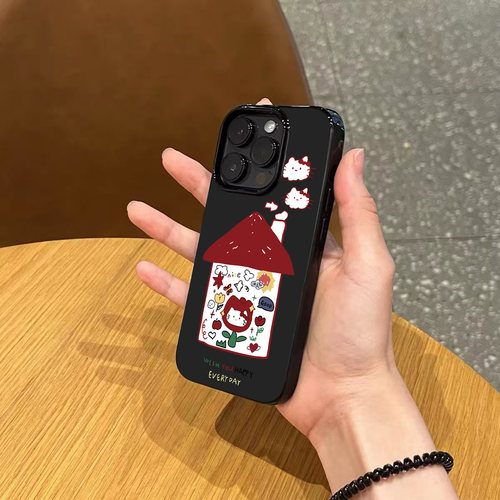 日韩ins风卡通可爱房子猫咪手机壳适用17promax新款iphone15亮黑色14硅胶13超火12磨砂超薄16全包防摔软壳