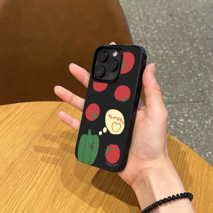 韩系ins风小众番茄手机壳适用苹果17promax新款 iphone15亮黑色13磨砂17pro超薄14全包11女16pro全包防摔软壳