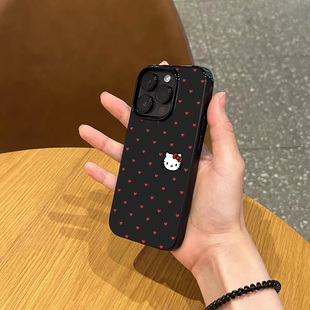 日韩ins满屏简约爱心猫咪手机壳适用苹果17promax新款 12全包11硅胶16防摔软 iphone15亮黑色14pro磨砂13女款