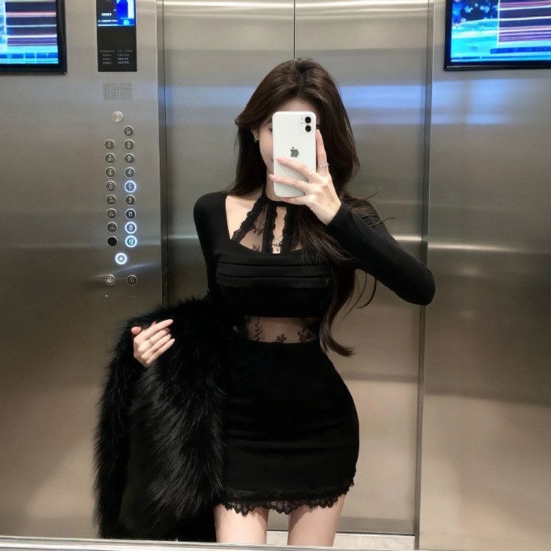 包臀连衣裙短裙收腰蕾丝挂脖女装