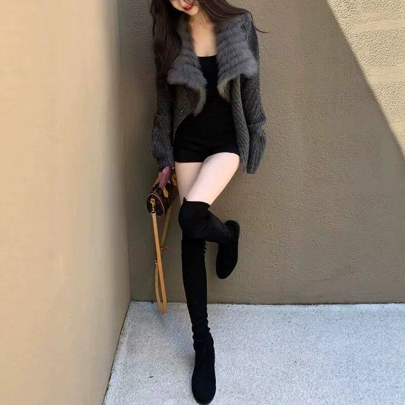 开衫翻领秋季仿恶狼毛衣外套女
