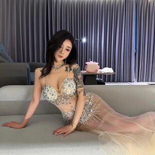 透视礼服裙女2026新款性感网纱带钻晚礼服长款显瘦夜场桑拿长裙子