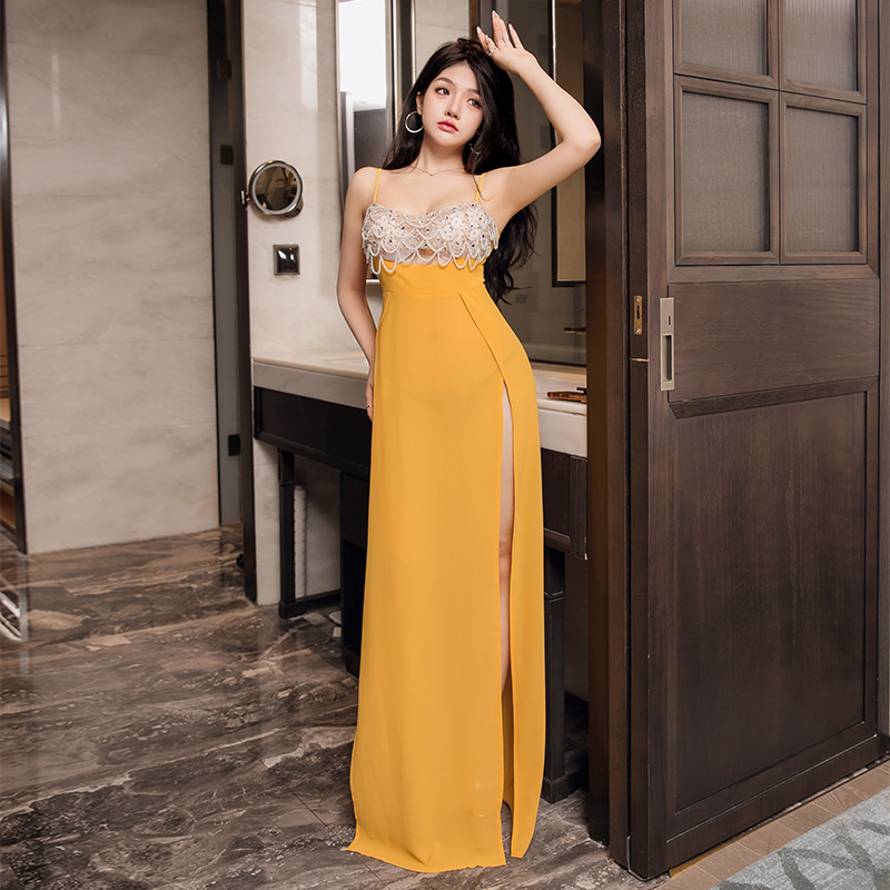 夜店性感连衣裙桑拿技师服吊带低胸透视晚礼服夜场小姐服长款长裙