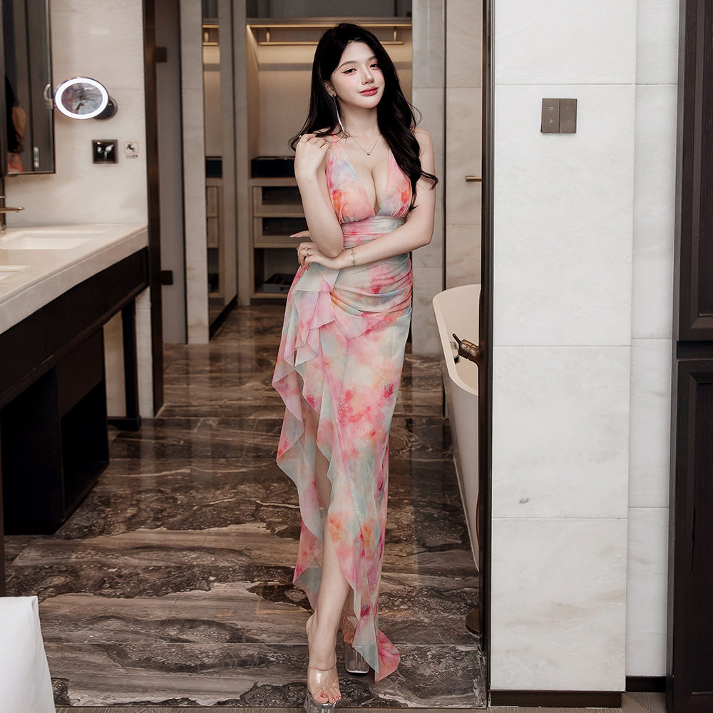 夜场ktv佳丽工作服气质透纱晚礼服夏夜店女装性感长款透明连衣裙