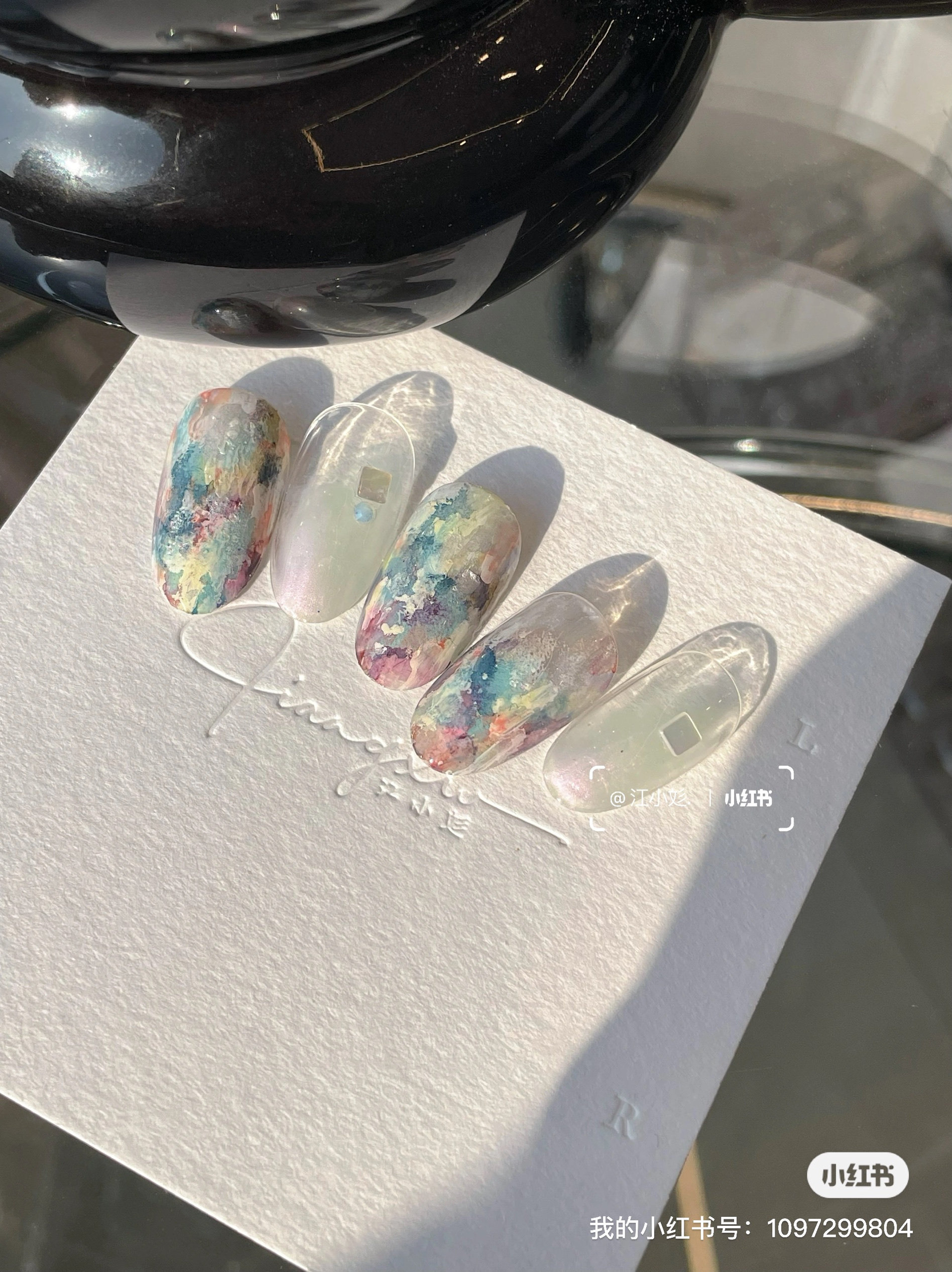 江小彣 原创水彩丙烯层次艺术感深色系短款美甲款式 穿戴甲定制