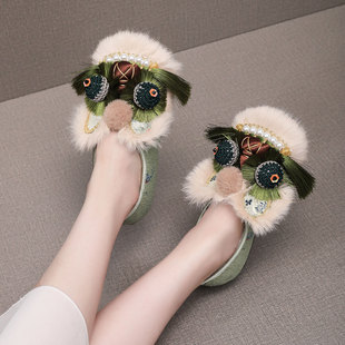 2025冬加绒新款国潮虎头鞋女成人纯手工毛毛绣花鞋软底舒适汉服鞋