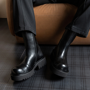 靴潮 厚底高帮德比鞋 原创6.5cm增高大头中筒靴子男款 切尔西靴冬季