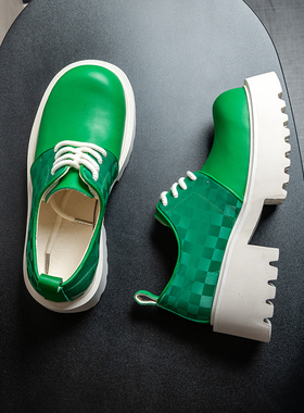 小众时尚米奇德比鞋男款白绿色真皮休闲宽大头鞋6.5cm增高鞋英伦