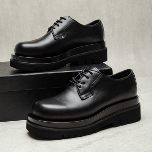 潮 男真皮系带休闲松糕厚底大头皮鞋 原创设计男士 5厘米增高德比鞋