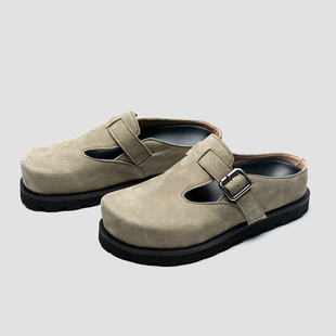 休闲百搭懒人勃肯鞋 高跟鞋 2025新款 包头拖鞋 半拖外穿 先生真皮男士