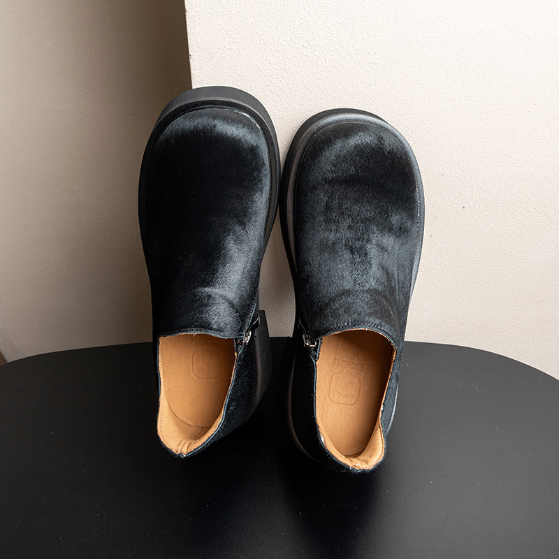 全真皮黑马毛皮通勤米奇大头鞋2025新款6cm增高德比鞋侧拉链单鞋