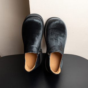 侧拉链单鞋 6cm增高德比鞋 2025新款 全真皮黑马毛皮通勤米奇大头鞋