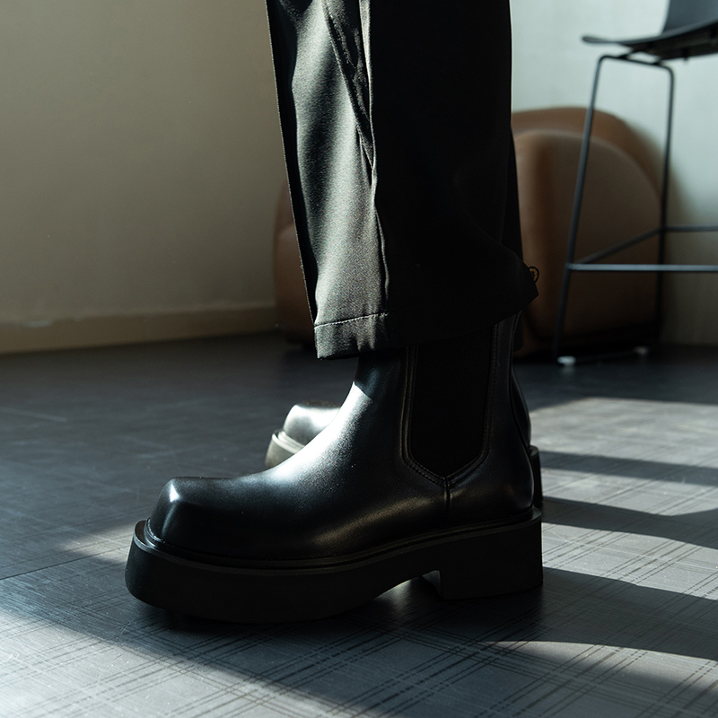 里外全真皮方头切尔西靴男款增高