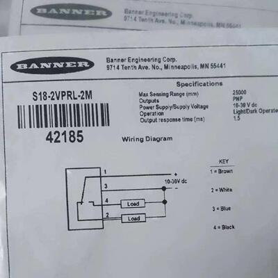 配件BANNER邦纳 型号S18-2VPRL-2M 订货号42185 现货 全新未议价