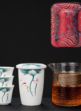 一路莲升户外便携旅行茶具套装玻璃茶壶公道杯茶杯羊脂玉办公泡茶