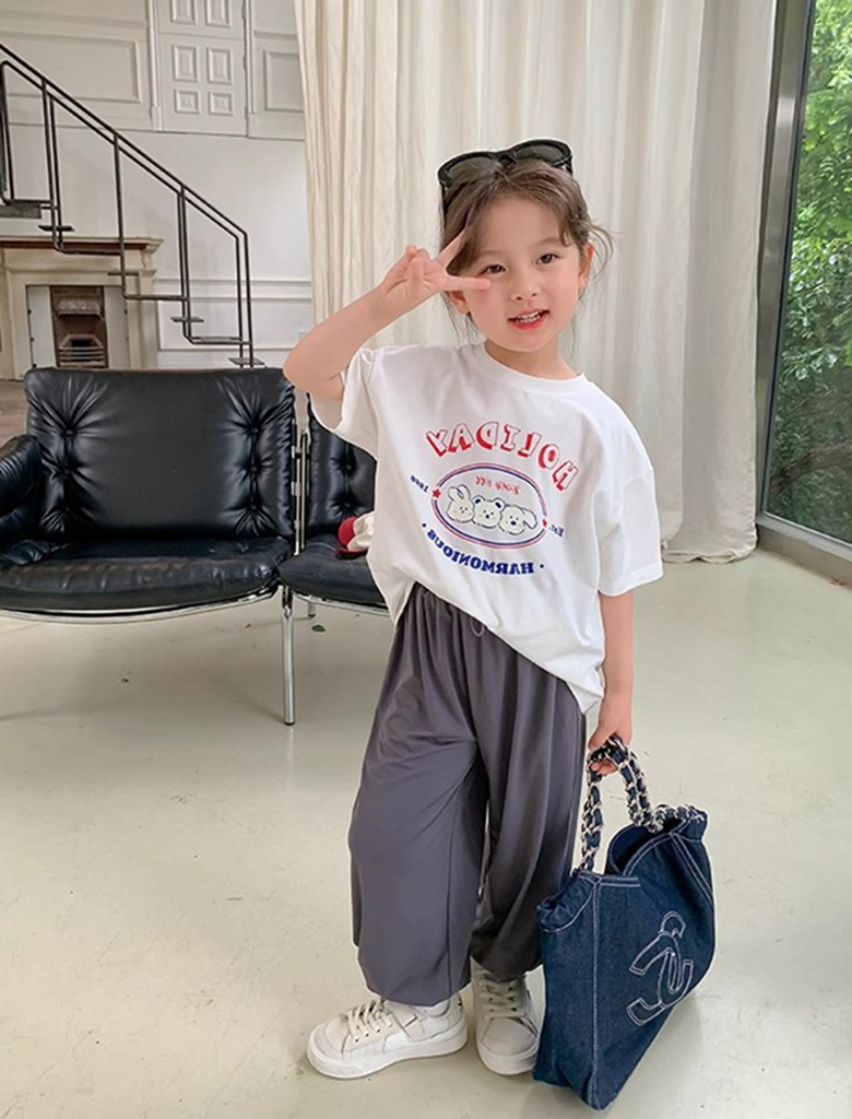 女童白色短袖T恤儿童纯棉夏装潮t2024新款中小童洋气时髦圆领上衣