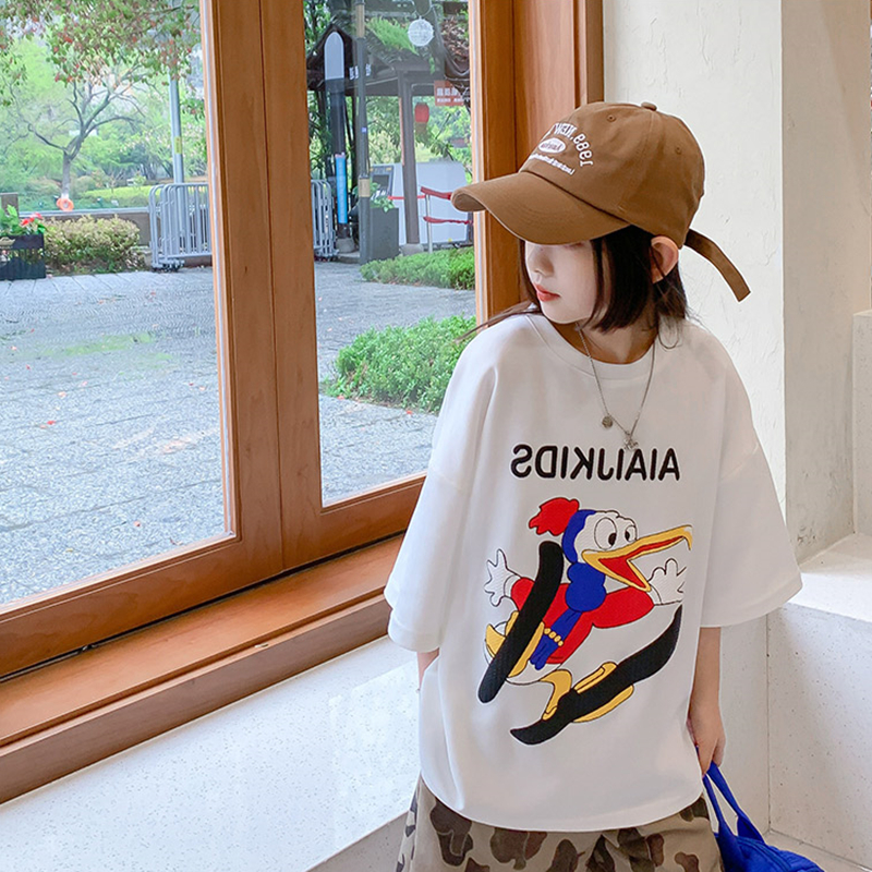 女童宽松时髦短袖t恤2025夏季新款中大童洋气炸街卡通半袖上衣潮