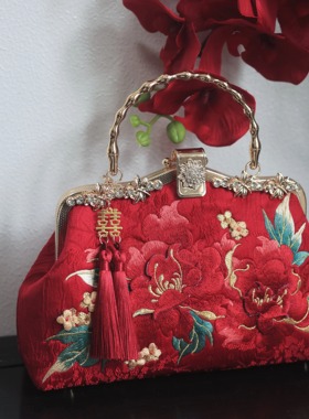 神隐手作星月为媒结婚婚庆手提包国风婚礼包大红色刺绣复古大容量