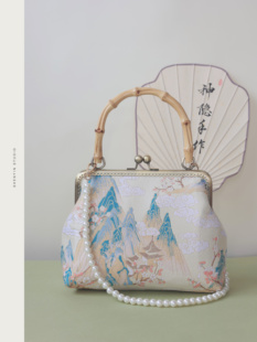 神隐手作国风千里江山汉服旗袍竹节手提包古风女包口金包配马面裙