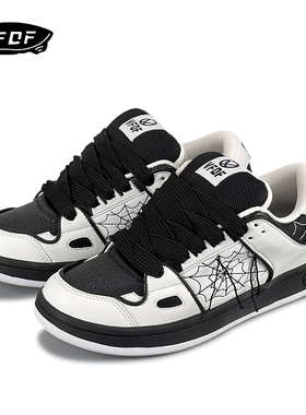VFDF 原创复古白黑蜘蛛低帮板鞋男女ins潮鞋学生百搭情侣休闲鞋子