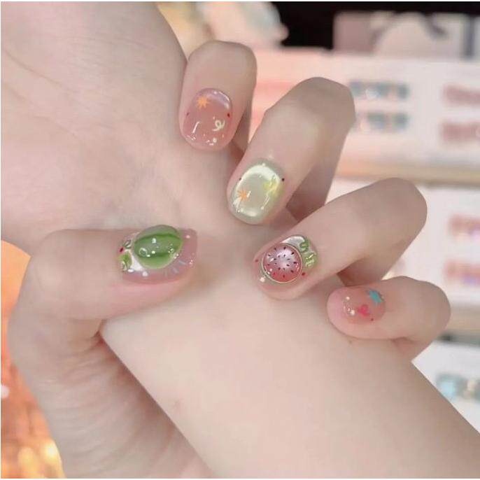 这瓜包甜纯手工西瓜美甲贴短款甲