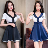韩式 足疗养生馆气质收腰spa前台显瘦拼接连衣裙 学院风jk制服套装